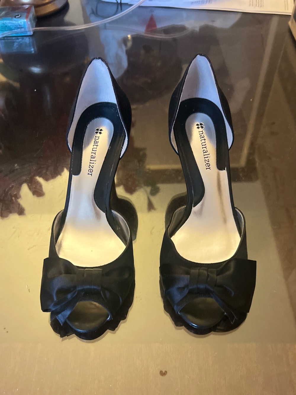 Naturalizer Black Satin Peep-Toe Heels with Bow Accent